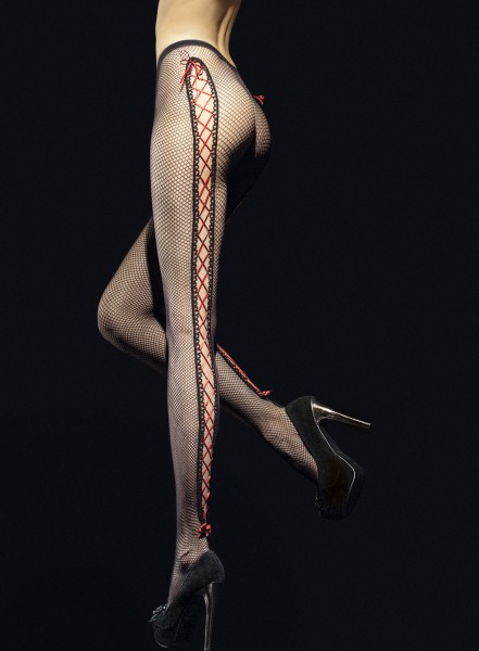 Fiore Invito - Collant résille avec découpes sensuelles et ruban rouge à lacets